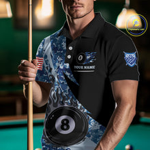 Load image into Gallery viewer, Man wearing personalized flame 8 ball pool military blue camo billiard polo shirt front view.