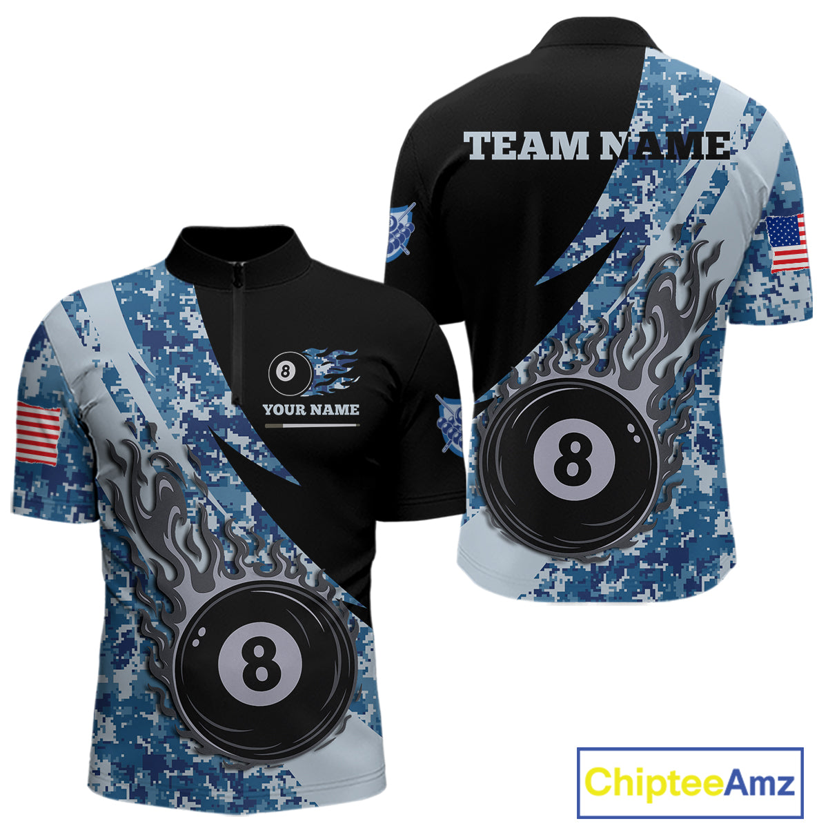 Personalized flame 8 ball pool military blue camo billiard quarter zip shirt for men, custom military camo pool team jersey and tournament apparel.