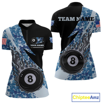 Personalized flame 8 ball pool military blue camo billiard quarter zip shirt for women, custom military camo pool team jersey and tournament apparel.