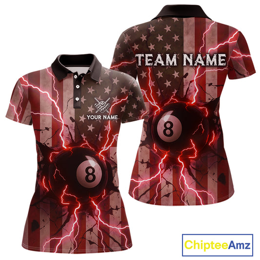 Red 8 Ball Lightning American Flag Billiard Shirt For Women Custom Patriotic Pool Team Jersey TDM5403
