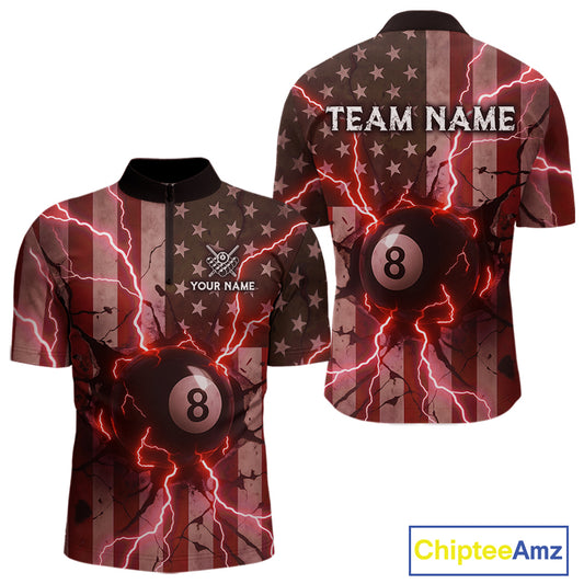Red 8 Ball Lightning American Flag Billiard Shirt For Men Custom Patriotic Pool Team Jersey TDM5403