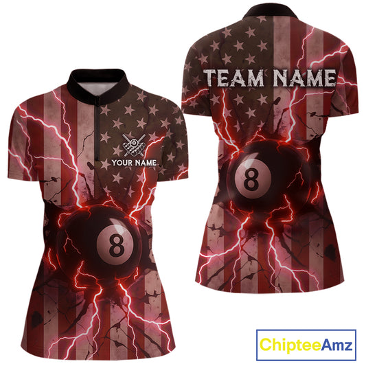Red 8 Ball Lightning American Flag Billiard Shirt For Women Custom Patriotic Pool Team Jersey TDM5403