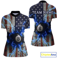 Load image into Gallery viewer, Blue 8 Ball Lightning American Flag Billiard Shirt For Women Custom Patriotic Pool Team Jersey TDM5404
