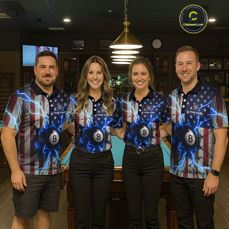 Blue 8 Ball Lightning American Flag Billiard Shirt For Women Custom Patriotic Pool Team Jersey TDM5404