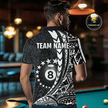 Load image into Gallery viewer, Man wearing custom black and white 8 ball pool tribal billiard team jersey polo shirt featuring tribal artwork, back view.
