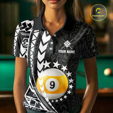 Load image into Gallery viewer, Woman wearing custom black and white 9 ball pool tribal billiard team jersey polo shirt featuring tribal artwork, front view.