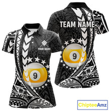 Load image into Gallery viewer, Custom black and white 9 ball pool tribal billiard team jersey polo shirt for women featuring detailed tribal artwork, premium custom pool league apparel for tournaments, league matches and competitive billiard teams.