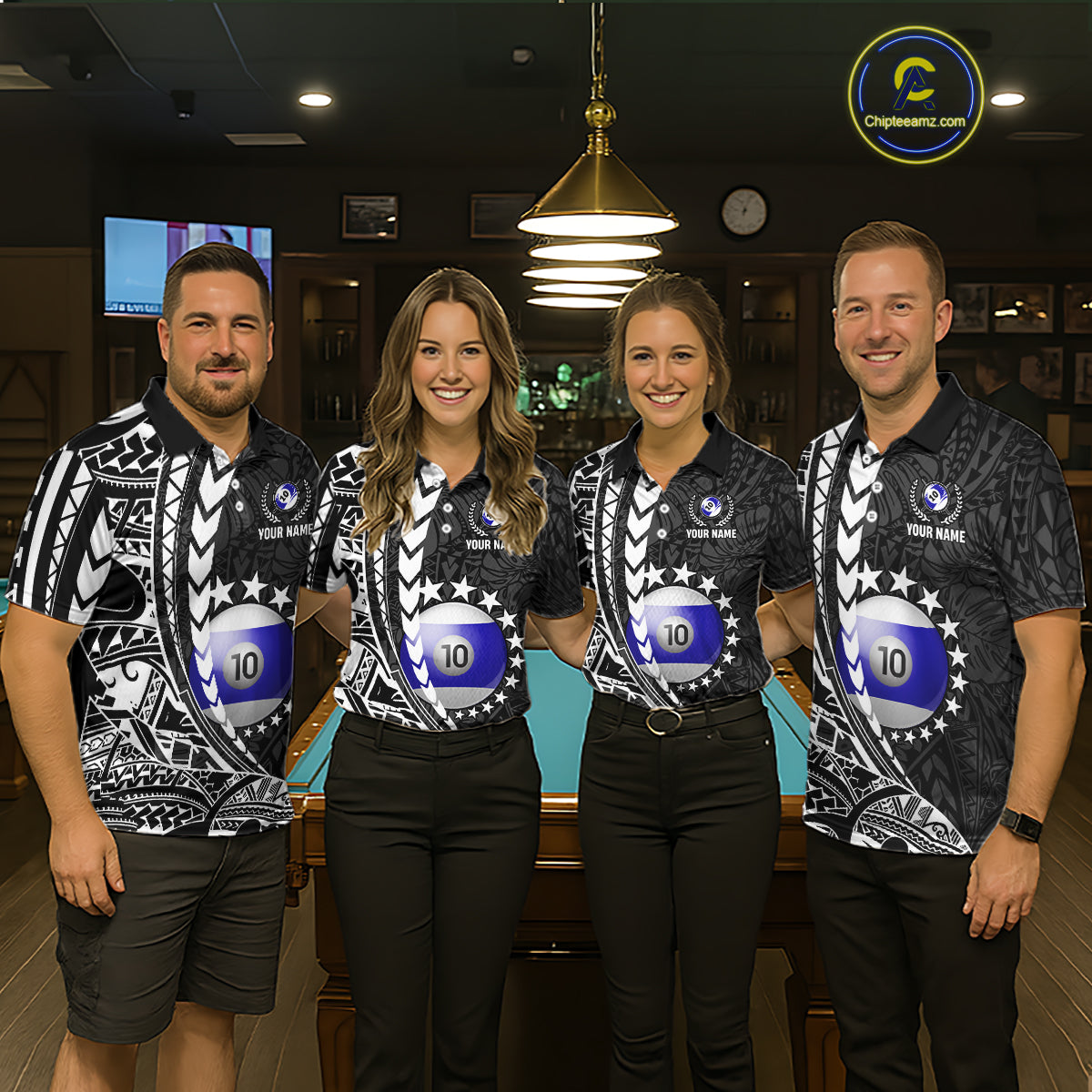 Billiard team wearing matching custom black and white 10 ball pool tribal team jerseys featuring detailed tribal graphics, front view.