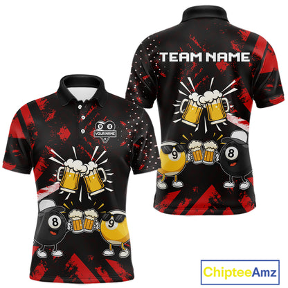 Black red funny beer 8 ball and 9 ball pool billiard team jersey polo shirt for men featuring a humorous beer-themed design, custom pool league apparel with premium performance fabric for tournaments and league competition.