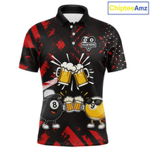 Load image into Gallery viewer, Black red funny beer 8 ball and 9 ball pool billiard team jersey polo shirt for men featuring a humorous beer-themed design, custom pool league apparel with premium performance fabric for tournaments and league competition.