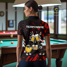 Load image into Gallery viewer, Woman wearing black red funny beer 8 ball and 9 ball pool billiard team jersey polo shirt featuring the beer-themed artwork, back view.