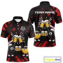 Load image into Gallery viewer, Black red funny beer 8 ball and 9 ball pool billiard team jersey polo shirt for men featuring a humorous beer-themed design, custom pool league apparel with premium performance fabric for tournaments and league competition.