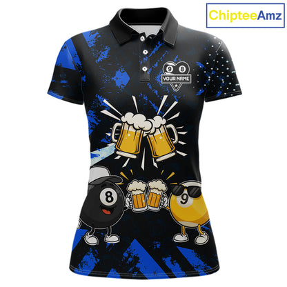 Black blue funny beer 8 ball and 9 ball pool billiard team jersey polo shirt for women featuring a humorous beer-themed design, custom pool league apparel with premium performance fabric for tournaments and league competition.