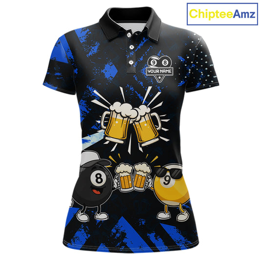 Black blue funny beer 8 ball and 9 ball pool billiard team jersey polo shirt for women featuring a humorous beer-themed design, custom pool league apparel with premium performance fabric for tournaments and league competition.