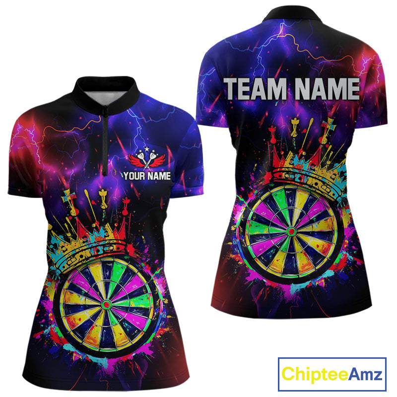 Personalized Neon Colorful Crown Darts Shirt For Women Custom Funny Darts Jersey Polo & 1/4 Zip TDM5181