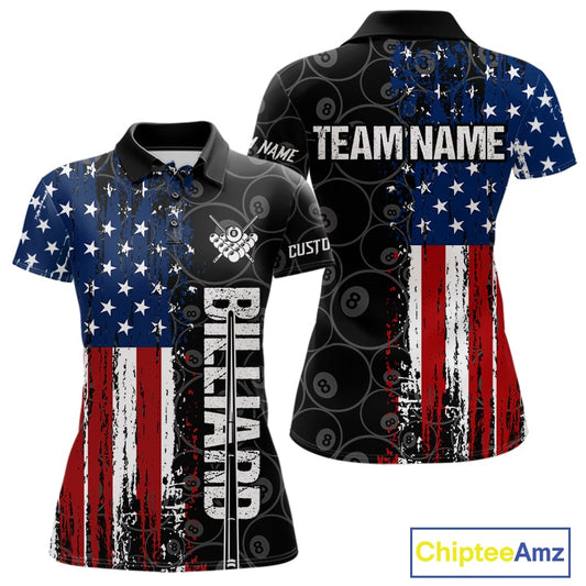 Grunge American Flag 8 Ball Pool Billiard Shirt For Women Custom Patriotic Billiard Team Jersey TDM5428