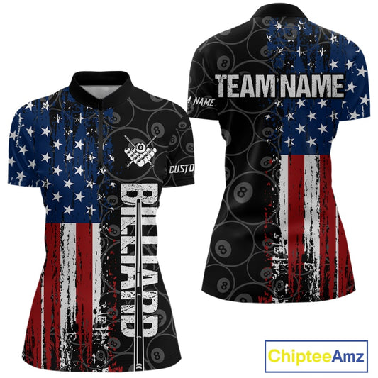 Grunge American Flag 8 Ball Pool Billiard Shirt For Women Custom Patriotic Billiard Team Jersey TDM5428