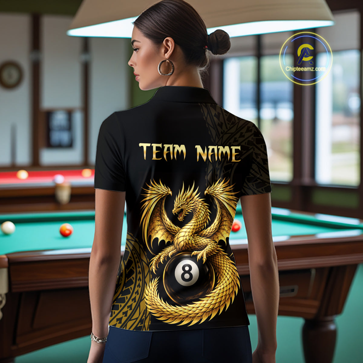 Black And Golden Custom Dragon Billiard Shirt For Women, 8 Ball Pool Team Jersey Polo & 1/4 Zip TDM6058