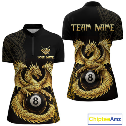 Black And Golden Custom Dragon Billiard Shirt For Women, 8 Ball Pool Team Jersey Polo & 1/4 Zip TDM6058