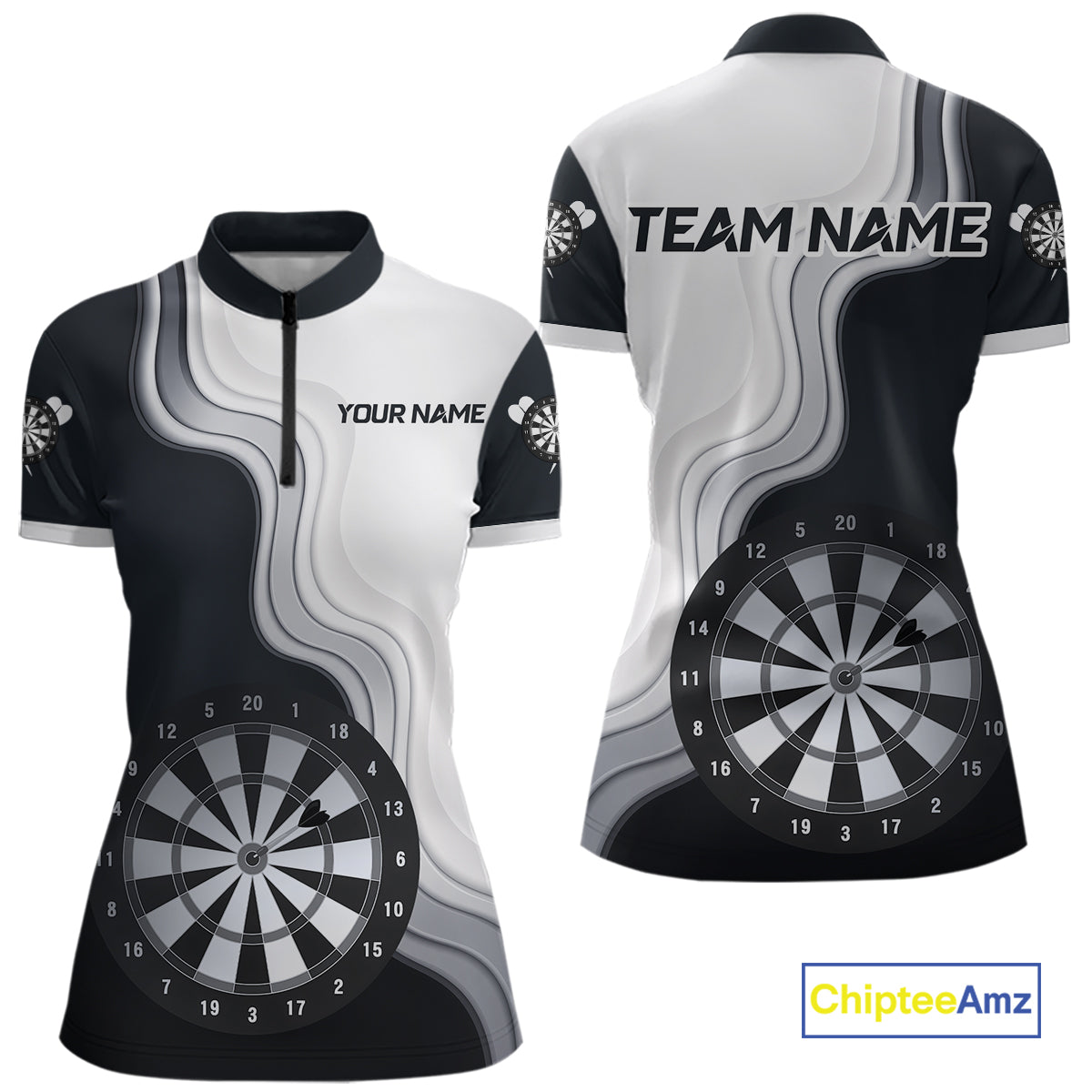 Black And White Darts Shirts With Pocket Option For Women Custom Darts Jersey TDM6487