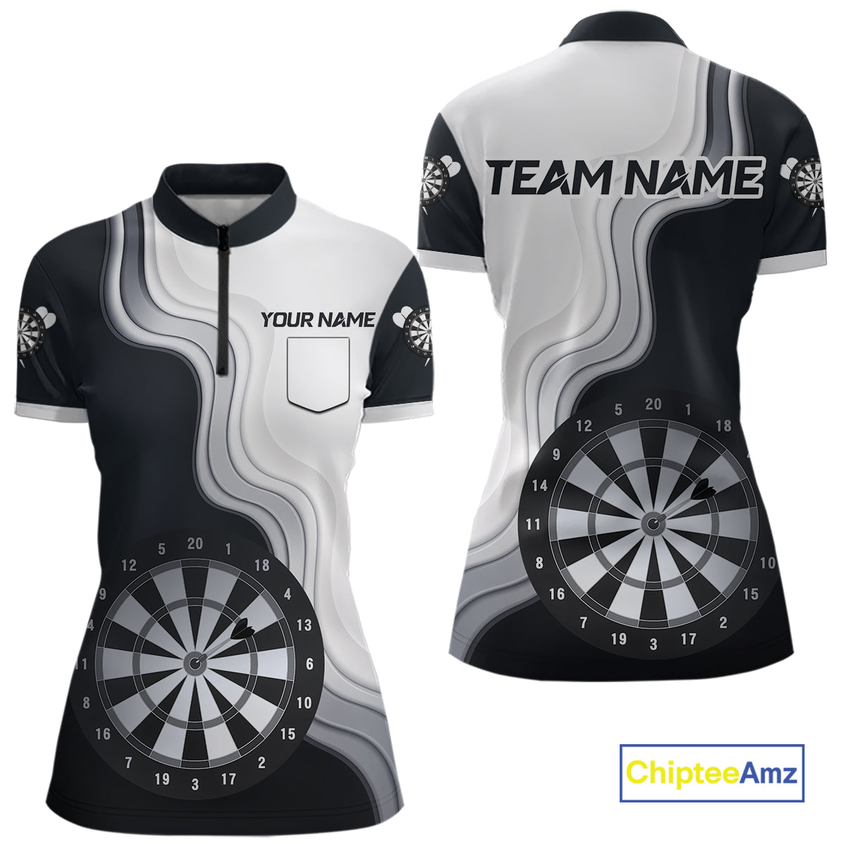 Black And White Darts Shirts With Pocket Option For Women Custom Darts Jersey TDM6487