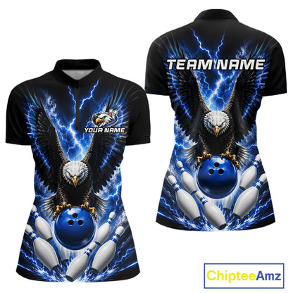 Blue thunder lightning eagle bowling quarter zip shirt for women designed for league tournaments and team events.