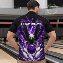 Load image into Gallery viewer, Man wearing a purple thunder lightning eagle bowling quarter zip jersey during tournament play front view.