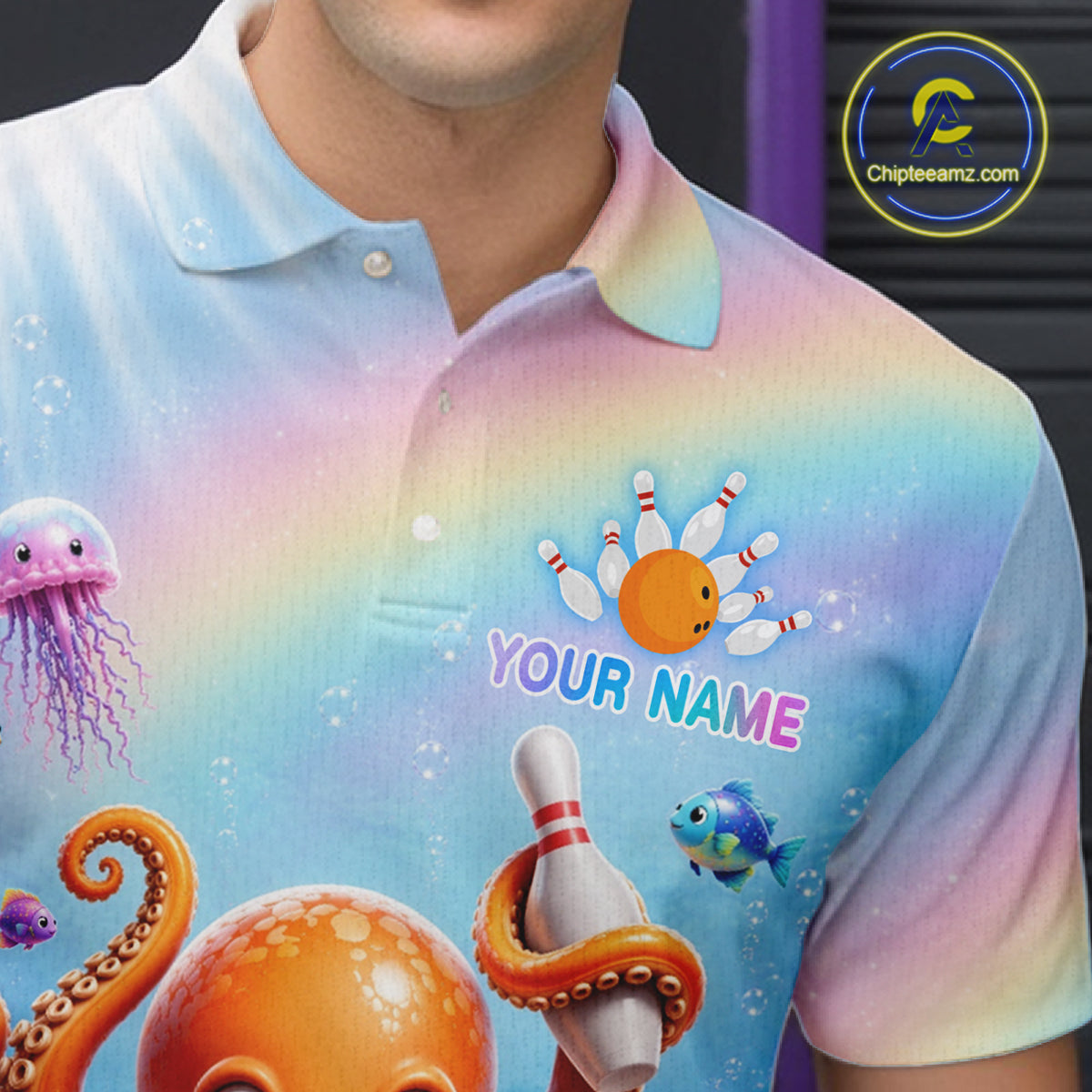 Close-up of a rainbow octopus ocean bowling polo shirt collar, buttons, and colorful ocean artwork.