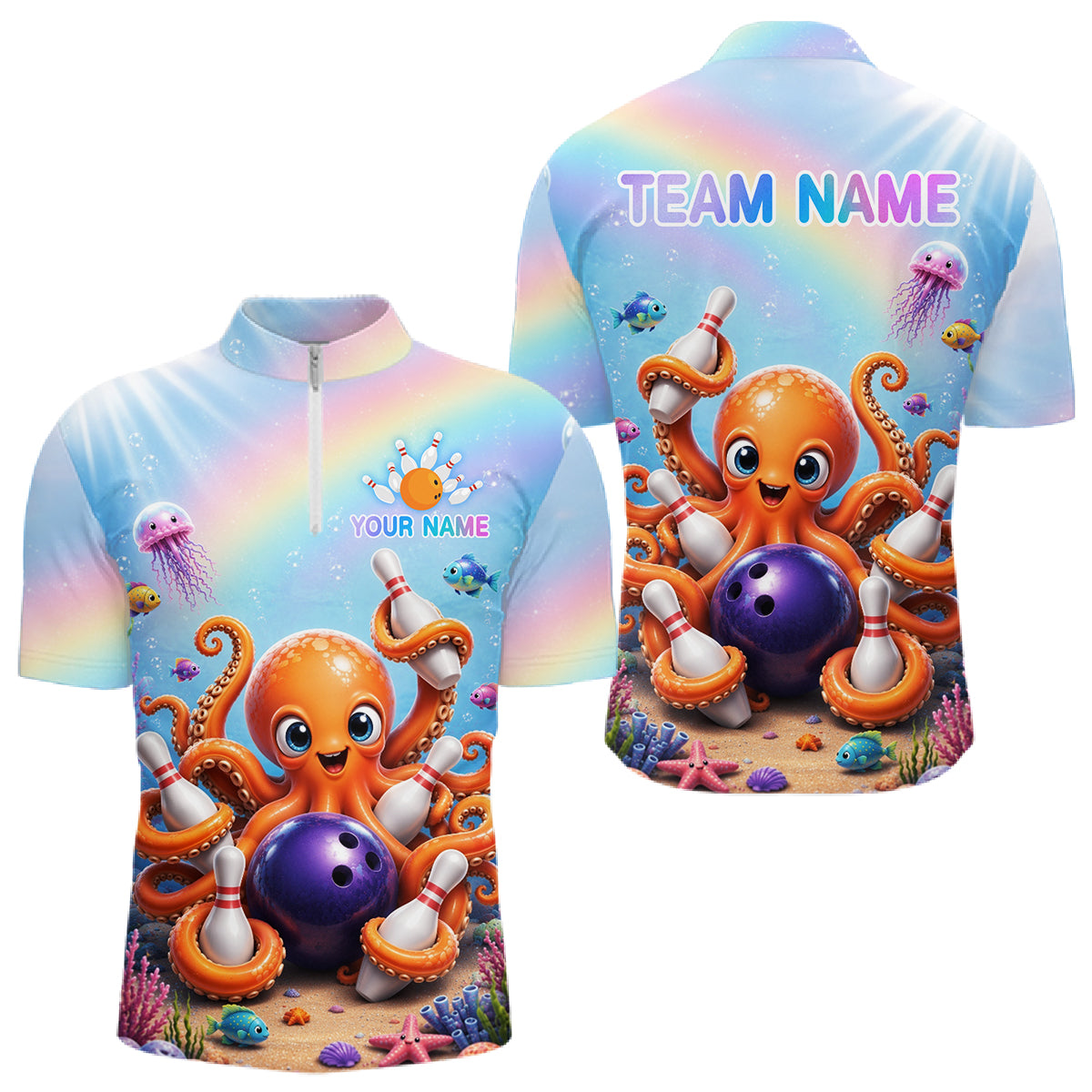 Rainbow octopus ocean bowling quarter zip shirt for men designed for league tournaments and team events.