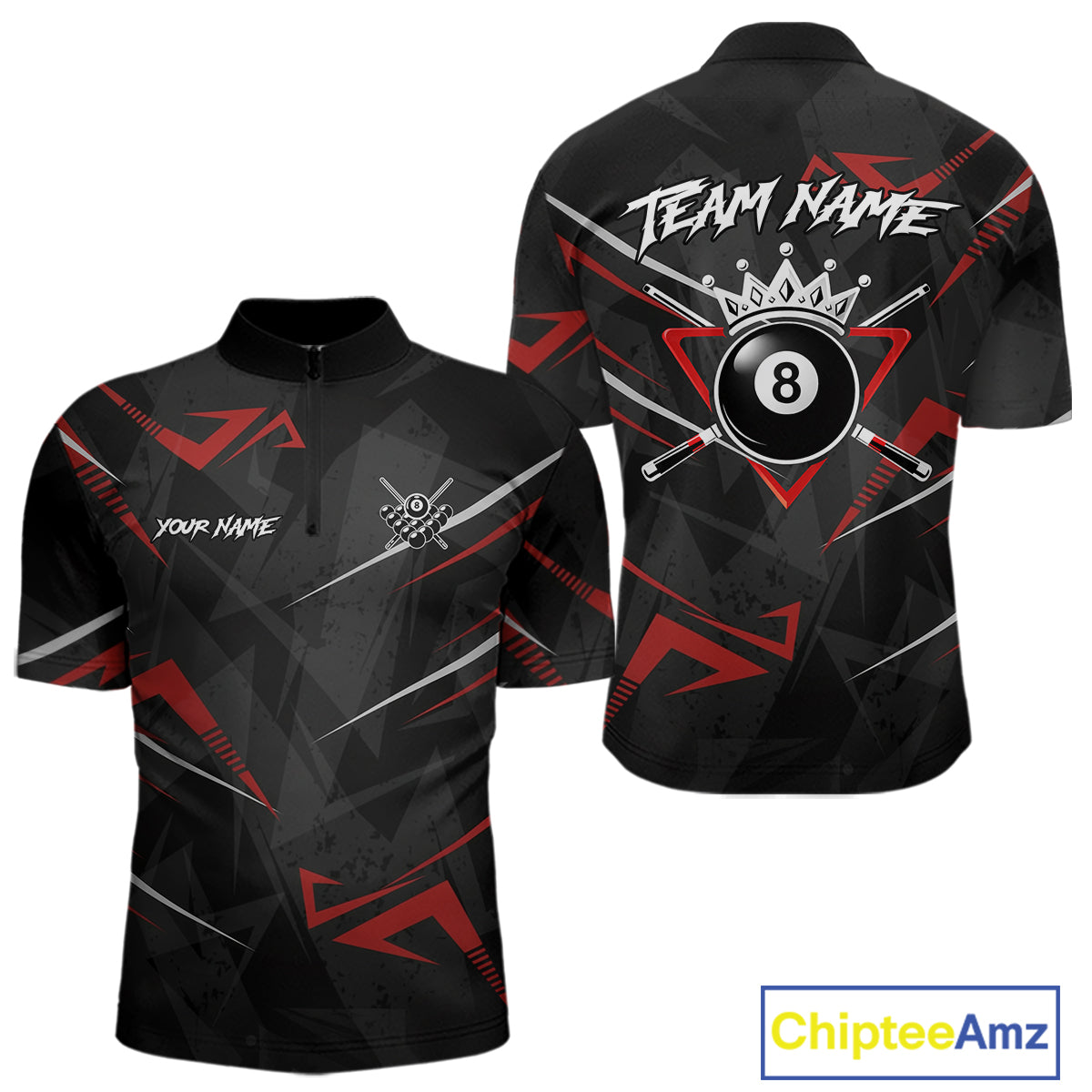 Black And Red 8 Ball Crown Billiard Shirt For Men Custom Pool Team Jersey Polo & 1/4 Zip TDM5921