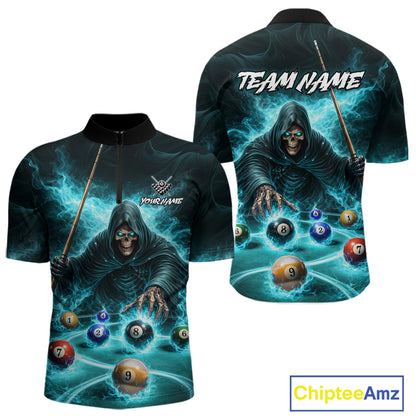Turquoise Flaming Grim Reaper Billiard Shirt For Men Custom Pool Team Jersey Polo & Quarter Zip TDM5740