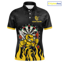 Load image into Gallery viewer, Black and yellow funny bee darts team jersey polo shirt for men featuring a funny bee design, premium custom darts league apparel and personalized darts gifts.