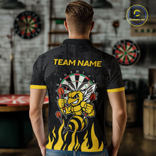 Load image into Gallery viewer, Man wearing black and yellow funny bee darts team jersey polo shirt featuring funny bee artwork, back view.