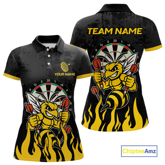 Black and yellow funny bee darts team jersey polo shirt for women featuring a funny bee design, premium custom darts league apparel and personalized darts gifts.