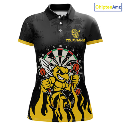 Black and yellow funny bee darts team jersey polo shirt for women featuring a funny bee design, premium custom darts league apparel and personalized darts gifts.