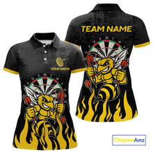 Load image into Gallery viewer, Black and yellow funny bee darts team jersey polo shirt for women featuring a funny bee design, premium custom darts league apparel and personalized darts gifts.
