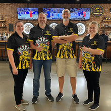 Load image into Gallery viewer, Man wearing black and yellow funny bee darts team jersey quarter zip shirt featuring funny bee artwork, front view.