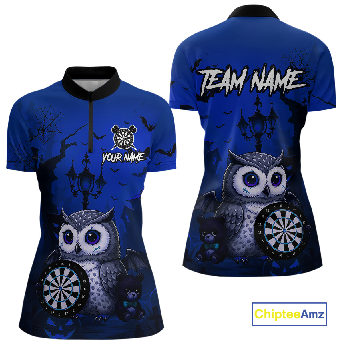 Personalized Blue Funny Owl Halloween Darts Shirt For Women Custom Pumpkin Darts Team Jersey TDM7265