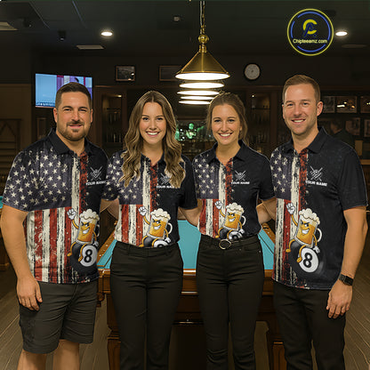 Vintage US Flag Funny Beer 8 Ball Billiard Shirt For Men Custom Pool Team Jersey Polo & 1/4 Zip TDM5948