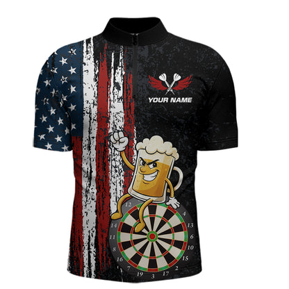 Funny Beer American Flag Darts Shirt For Men Custom Patriotic Darts Jersey Team Polo & 1/4 Zip TDM5949