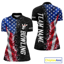 Load image into Gallery viewer, American flag bowling quarter zip shirt for women designed for league tournaments and team events.
