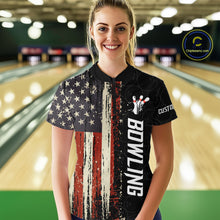 Load image into Gallery viewer, Woman wearing a vintage American flag bowling polo shirt at a bowling alley front view.