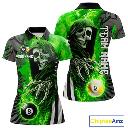 Personalized Green Flame Grim Reaper US Flag 8 Ball 9 Ball Billiard Polo Shirt Featuring a Patriotic Custom Design for Women's Pool League Players