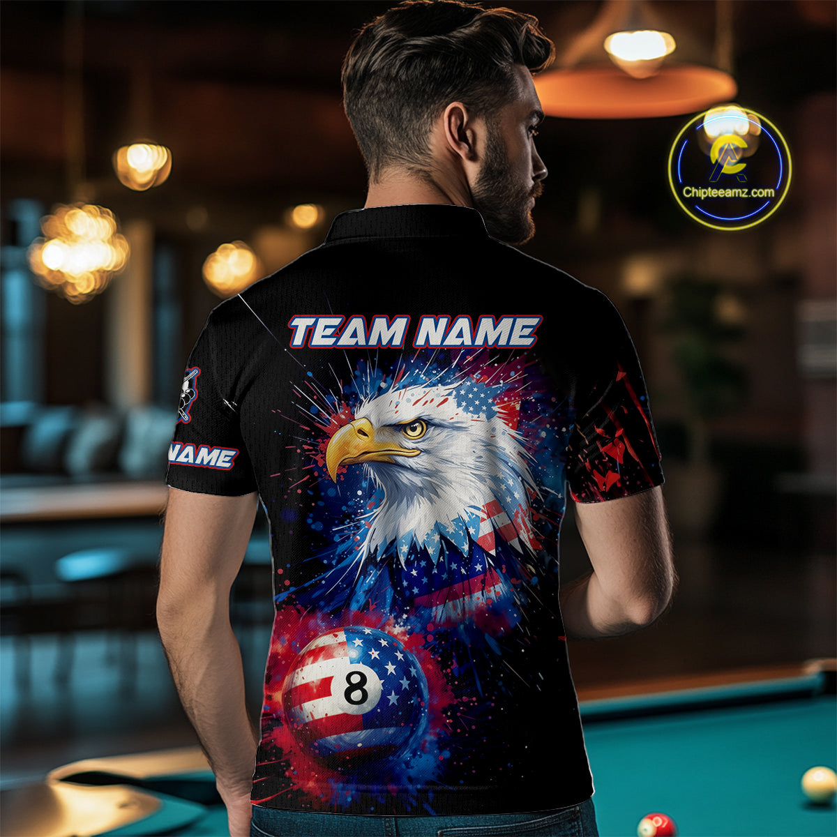 Patriotic Eagle 8 Ball Billiard Polo & 1/4 Zip For Men Custom Paint Splash Us Flag Billiard Jersey TDM5235