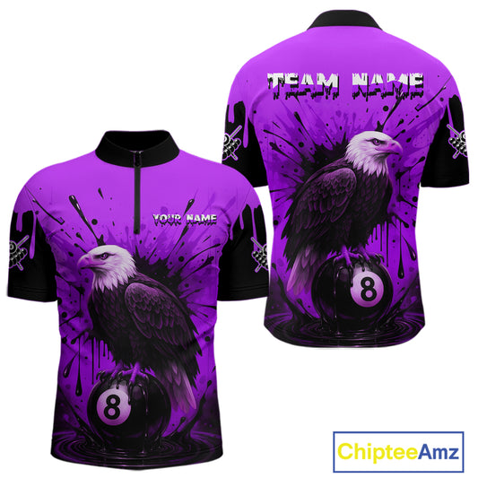 Purple 8 Ball Pool Eagle Paint Splash Billiard Shirt For Men Custom Billiard Jersey Polo & 1/4 Zip TDM5493