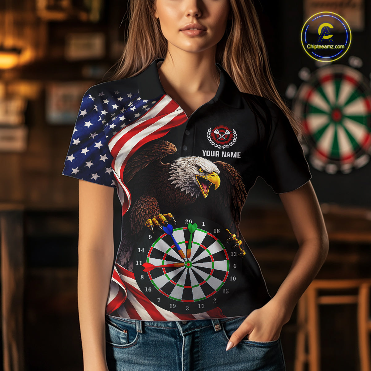 Personalized Eagle American Flag Darts Shirt For Women, Patriotic Darts Team Jersey Polo & 1/4 Zip TDM6114