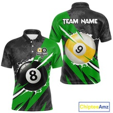 Load image into Gallery viewer, Black And Green 8 Ball &amp; 9 Ball Billiard Shirt For Men Custom Pool Team Jersey Polo &amp; 1/4 Zip TDM6363
