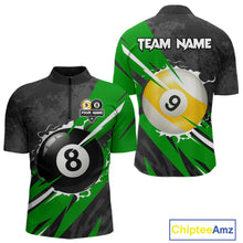 Load image into Gallery viewer, Black And Green 8 Ball &amp; 9 Ball Billiard Shirt For Men Custom Pool Team Jersey Polo &amp; 1/4 Zip TDM6363