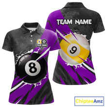 Load image into Gallery viewer, Black And Purple 8 Ball &amp; 9 Ball Billiard Shirt For Women Custom Pool Team Jersey Polo &amp; 1/4 Zip TDM6364