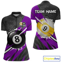 Load image into Gallery viewer, Black And Purple 8 Ball &amp; 9 Ball Billiard Shirt For Women Custom Pool Team Jersey Polo &amp; 1/4 Zip TDM6364